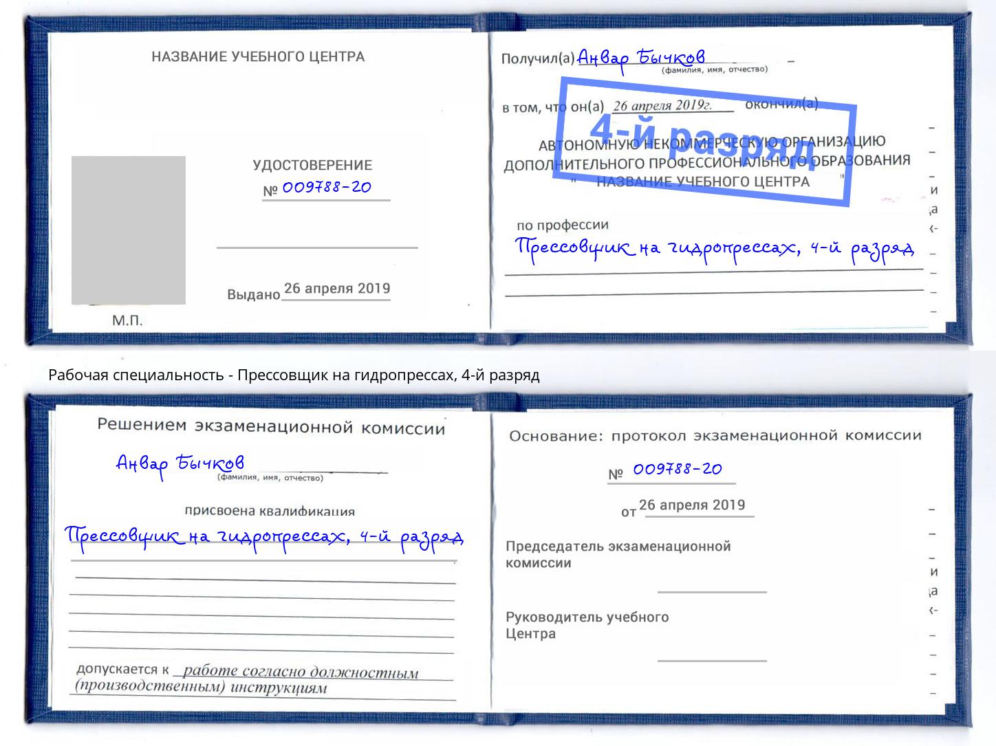 корочка 4-й разряд Прессовщик на гидропрессах Барабинск