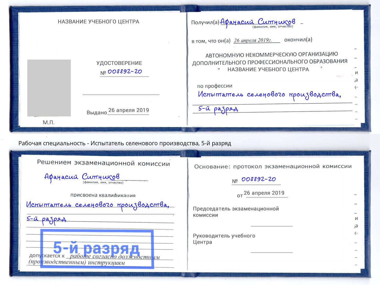 корочка 5-й разряд Испытатель селенового производства Барабинск