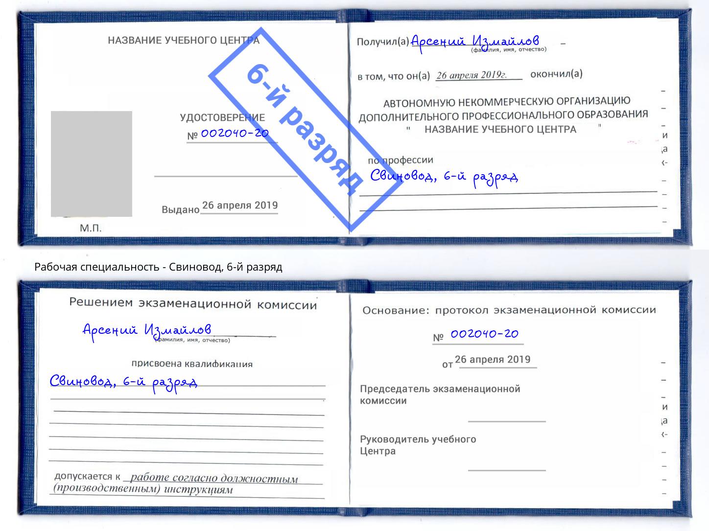 корочка 6-й разряд Свиновод Барабинск