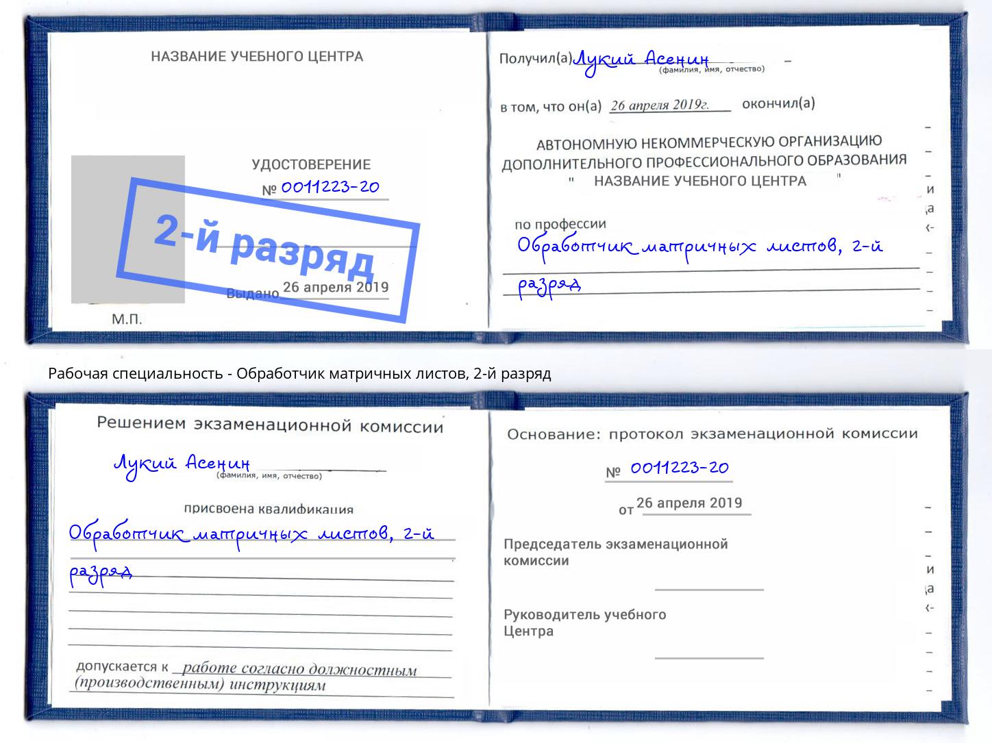 корочка 2-й разряд Обработчик матричных листов Барабинск